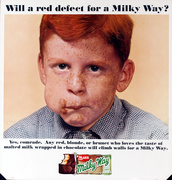 Mars Candy Original Advertising Poster, Woll a red defect for a Milky Way? Yes, comrade, Any red, bonde, or brunette who loves the taste of malted milk wrapped in chocolate will climb walls for a Milky Way.