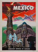 Mexico Original Vintage Travel Poster Airplane Monument