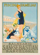 Piscina Familias Original Spanish Travel Poster Family Pools Balneario San Sebastian Barcelona