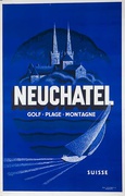 Neuchatel Switzerland Original Travel Poster Golf Beaches Mountains