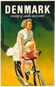 Denmark Country of Many Smiles Original Danish Travel Poster Mother Child on Bike