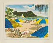 United Airlines Small Sized Original Travel Print [[Hawaii]] Waikiki Umbrellas