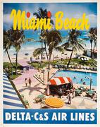 Delta C&S Air Lines Original Florida Travel Poster Miami Beach