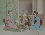 Meiji Era Hand Colored Japanese Albumen Photograph Arranging Flowers