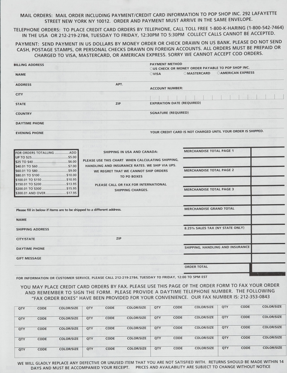Keith Haring Pop Shop Mailer Poster with Order Form