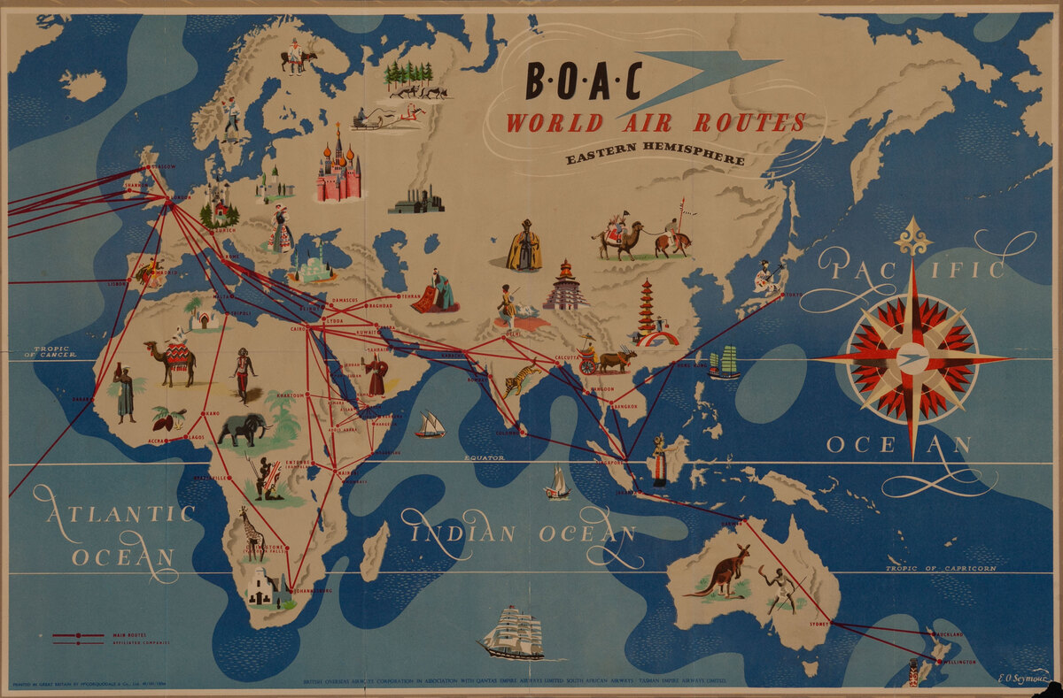 BOAC World Air Routes Original Travel Poster