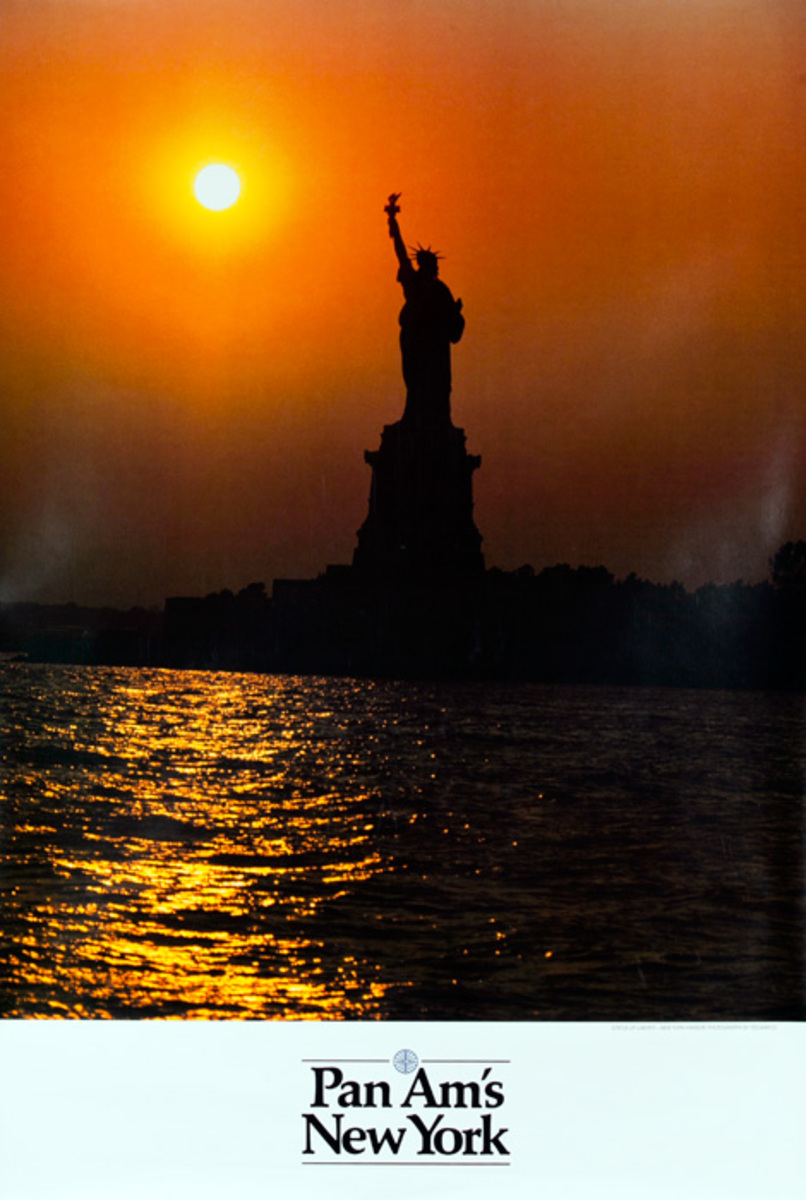 Pan Am Airlines Original Travel Poster, New York Statue of Liberty Sunset Photo