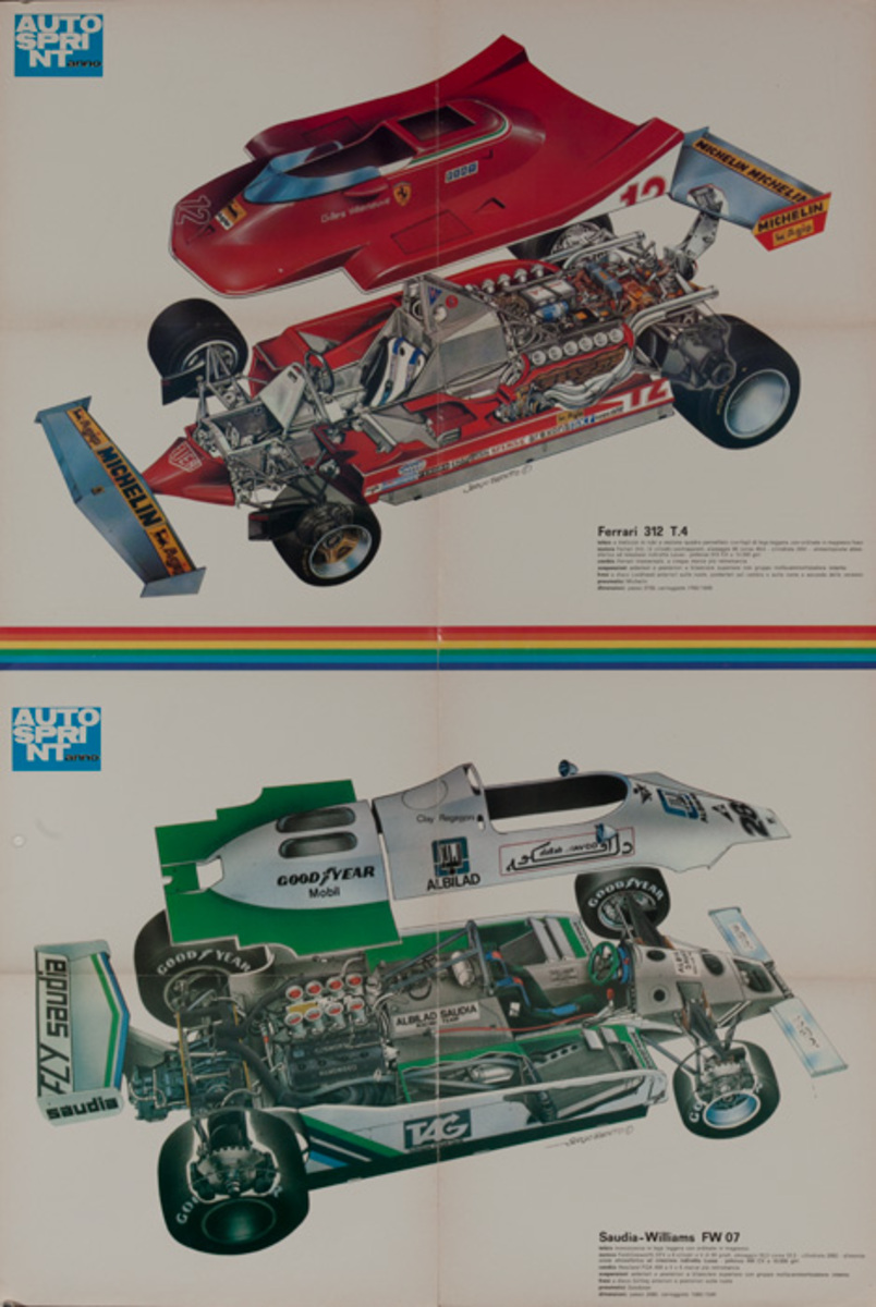 AutoSprint Original FI Racing Poster, Ferrari 312 T.4 and Saudia-Williams FW 07
