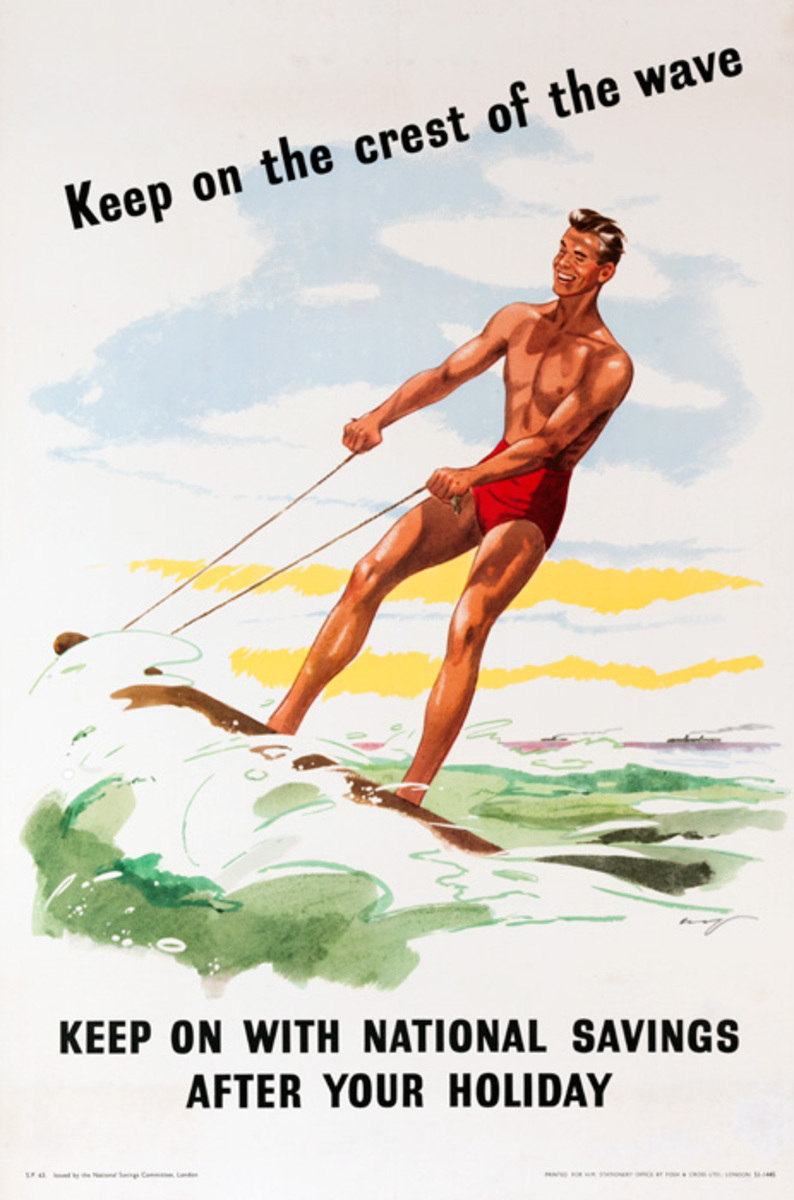 Keep on the Crest of the Wave Original British Savings Poster Surfer