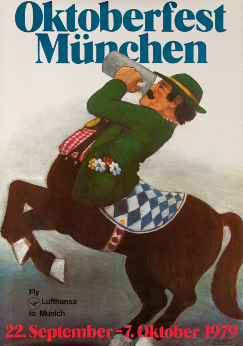 Lufthansa Airlines Original Travel Poster, Octoberfest Muchen 1979 horse