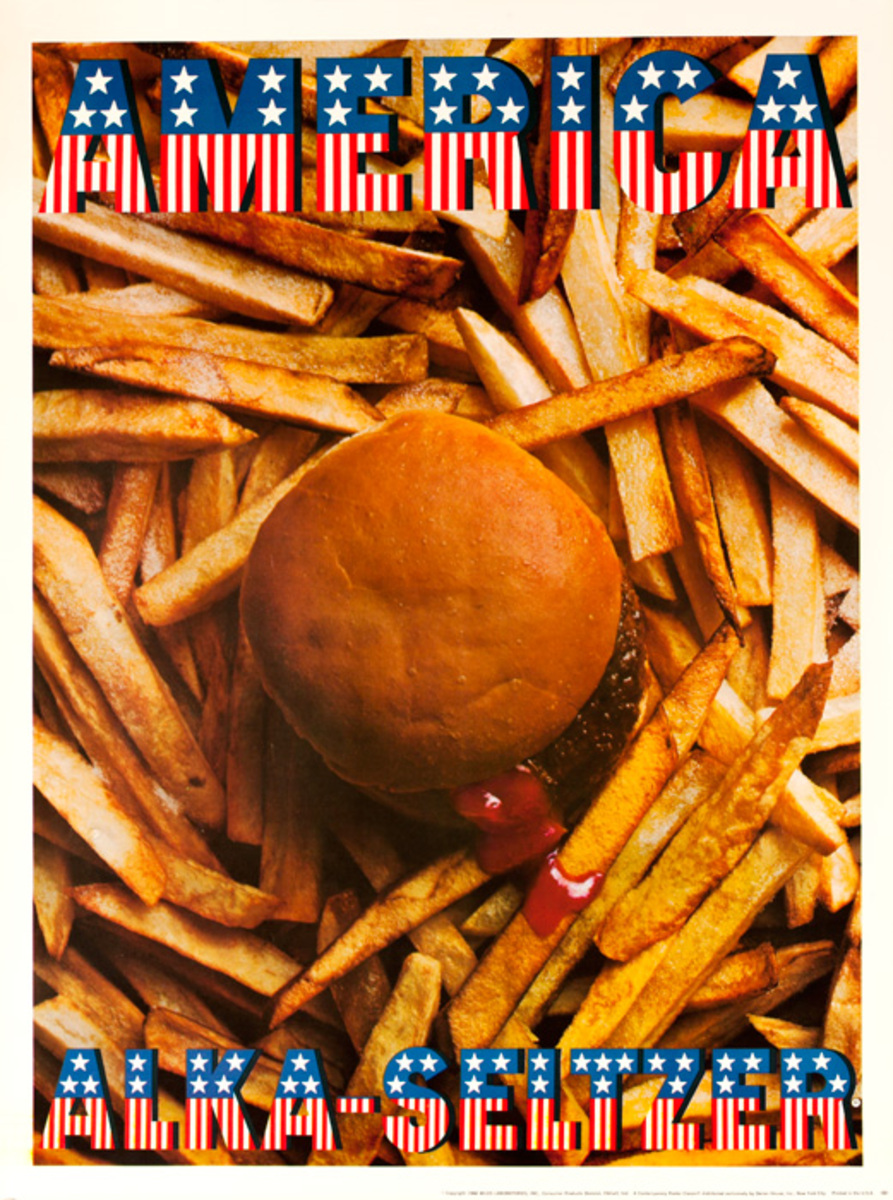 Original Alka Seltzer Advertising Poster America Burger and Fries