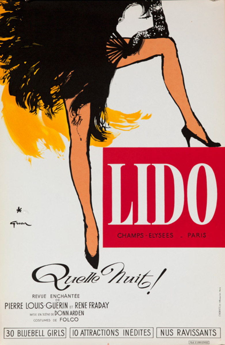 Original French Cabaret Poster, Lido Champs Elysees, Paris. Quelle Nuit!