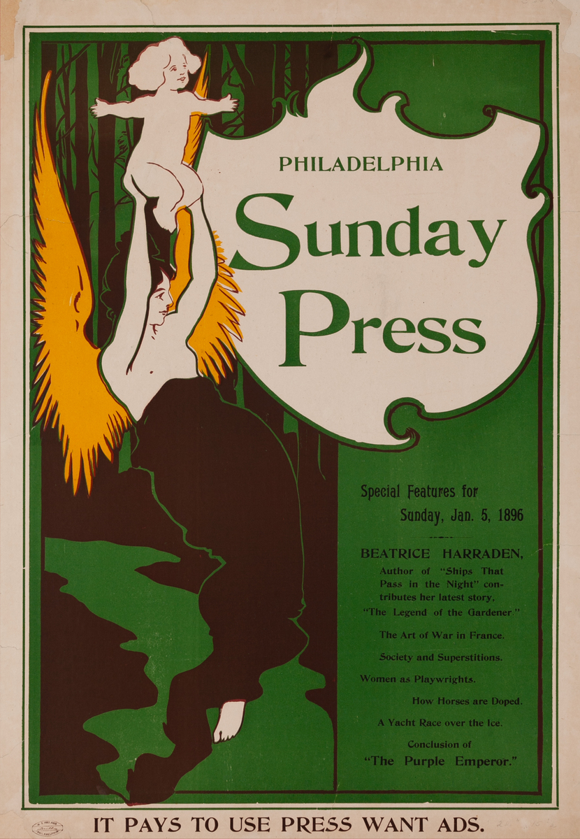 Philadelphia Sunday Press, Jan 5, 1896  Original Literary Poster 