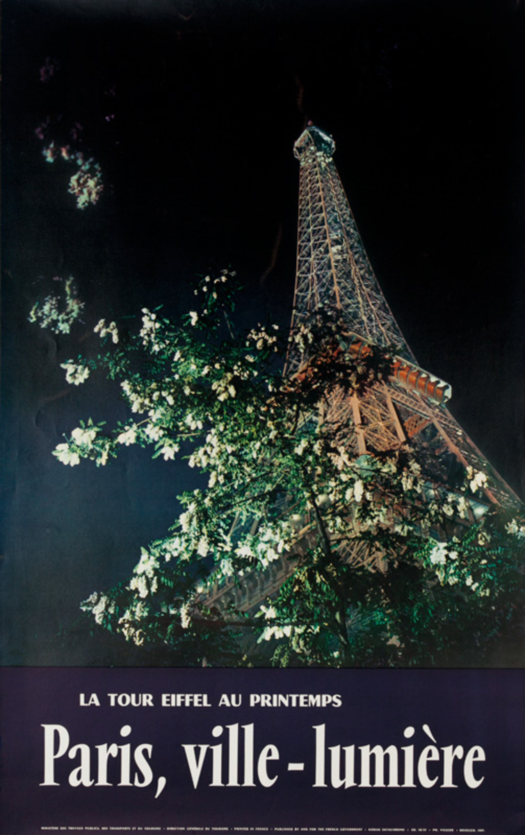 Paris, Ville-Lumiere, France Original Travel Poster Eiffel Tower at Night Photo