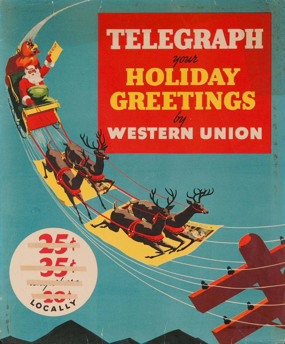 Telegraph your Holiday Greetings by Western Union, Original American Telegram Advertising Poster 