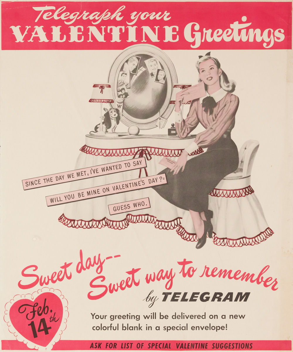 Telegraph Your Valentine Greetings, Original American Telegram Advertising Poster 