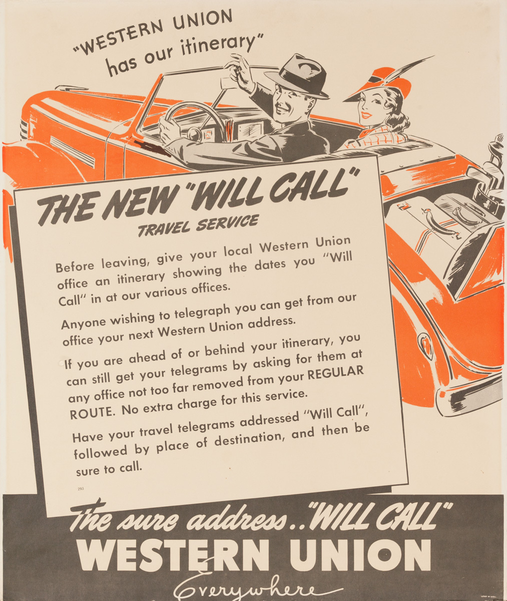 The New "Will Call" Western Union, Original American Telegram Advertising Poster 