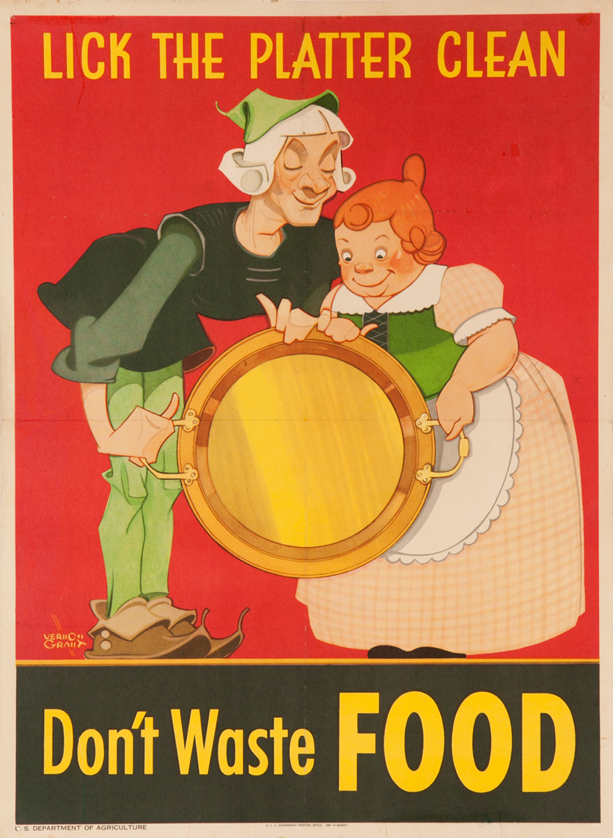 Lick the Platter Clean, Don't Waste Food American Post-WWII Home Front Poster