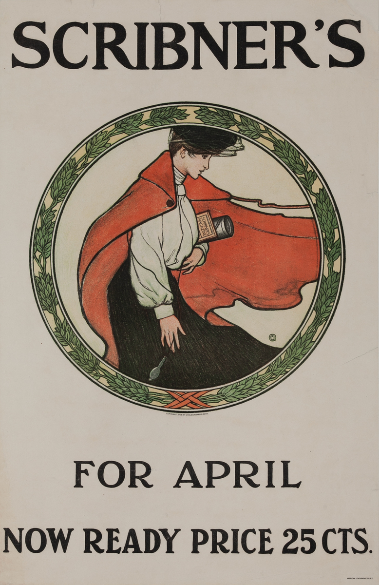 Scribner's April Original American Literary Poster woman in round frame