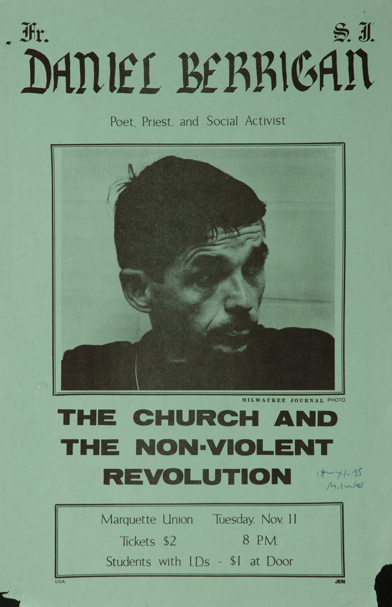 FR Daniel Berrigan The Church and the Non Violent Revolution Original American anti-Vietnam War Protest Poster