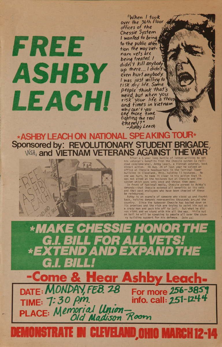 Free Ashby Leach! On National Speaking Tour Sponsored by Vietnam Veterans Against The War Original American Protest Poster