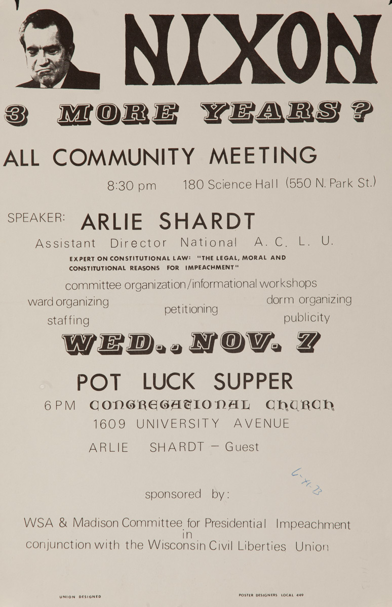 Nixon, More Years? All Community Meeting, Original American College Campus Protest Poster