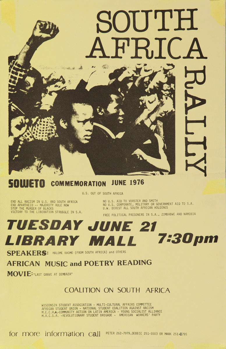 South Africa Rally, Soweto Commemoration, Original American College Campus Protest Poster