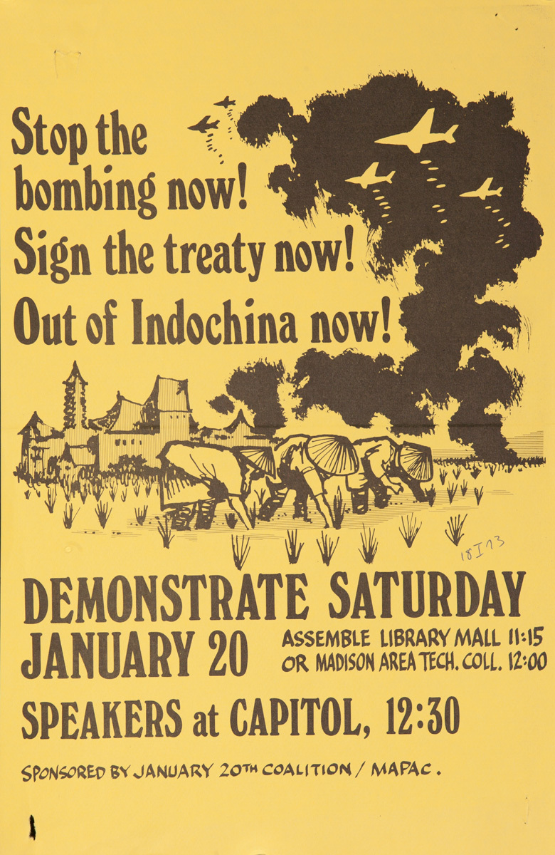 Stop the bombing now! Sign the treaty now! Out of Indochina now! Original American anti-Vietman War Protest Poster 