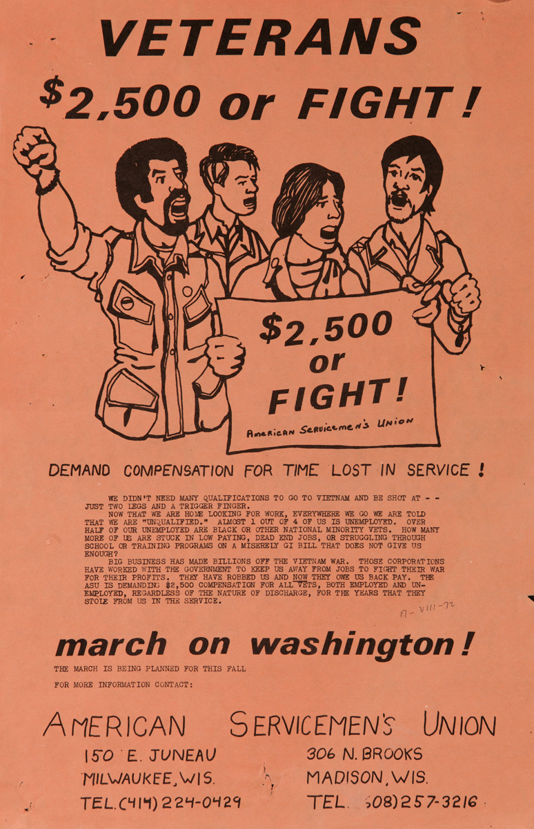 Veterans $2,500 or Fight, March on Washington, Original American anti-Vietman War Protest Poster
