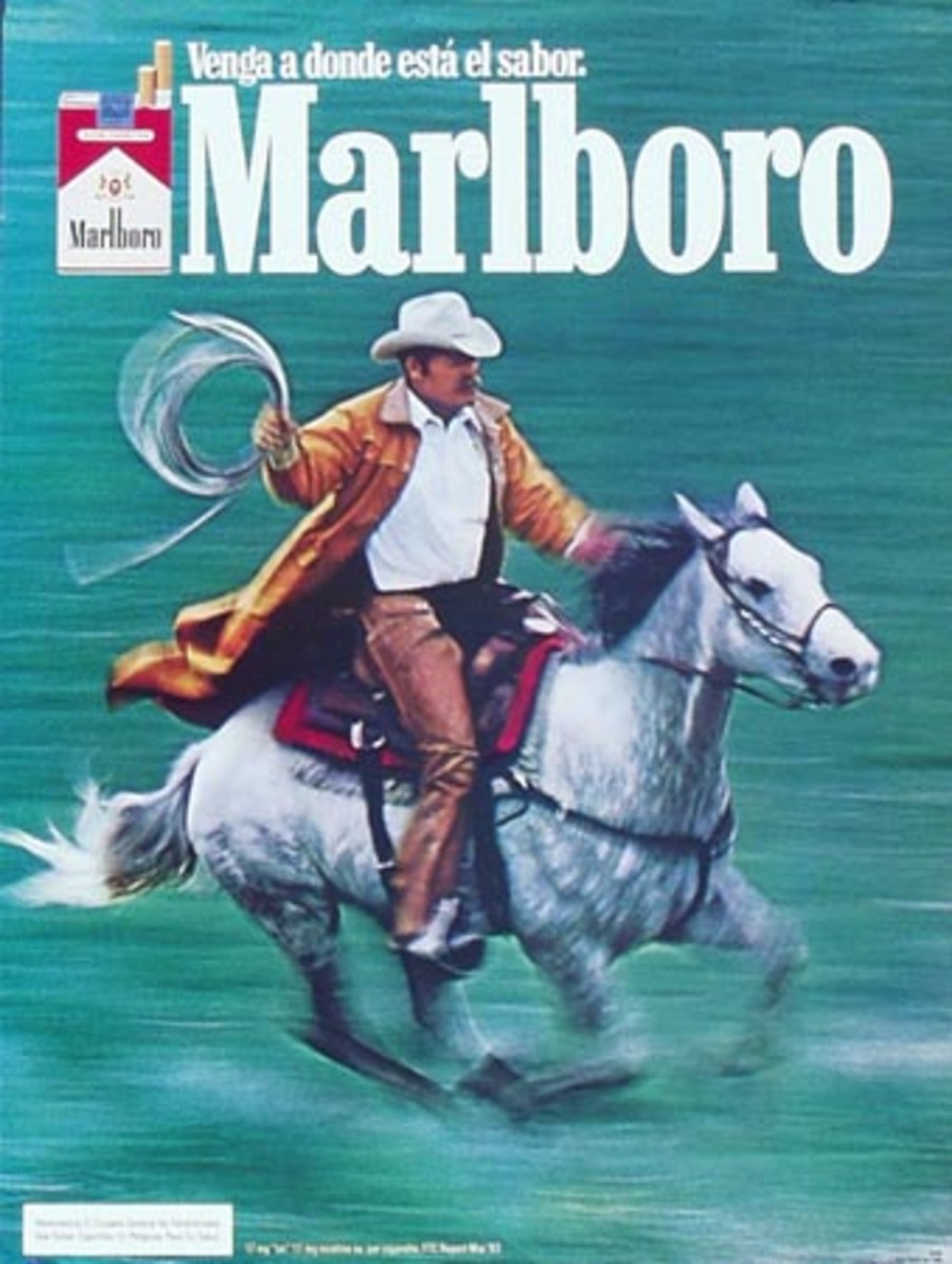 Marlboro Cigarette Cowboy Original Advertising Poster Venga a Donde Esta el Sabor rider green backround