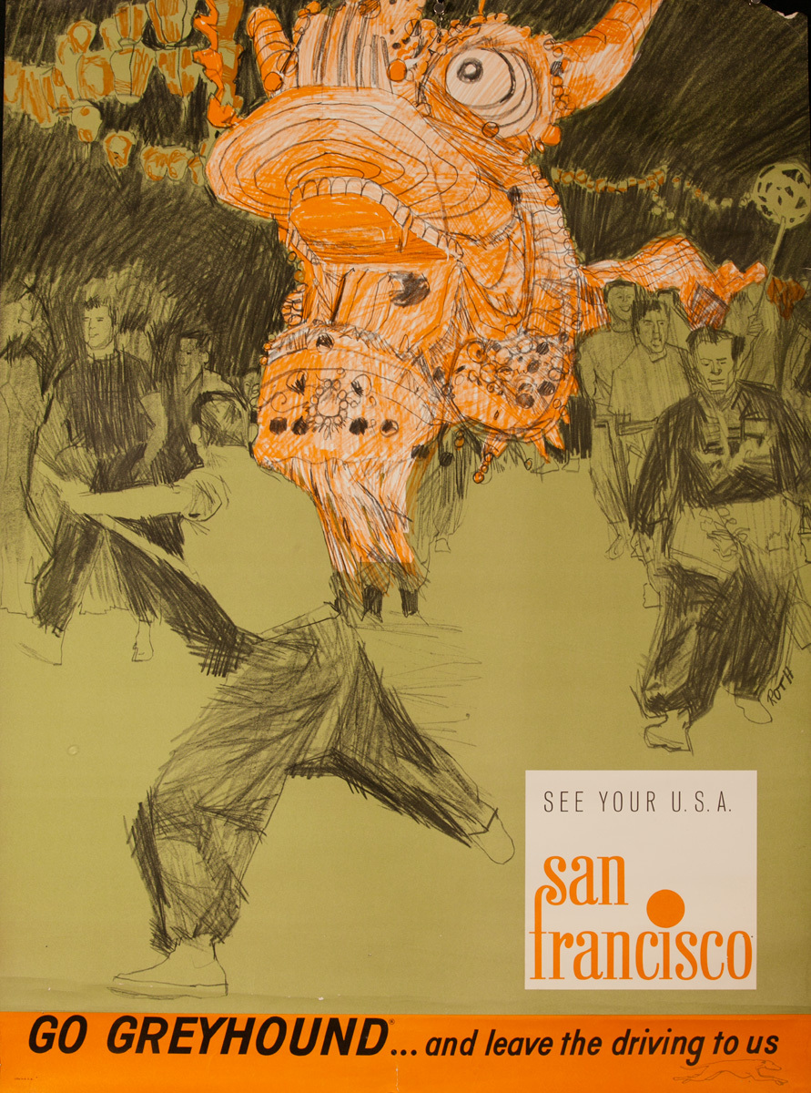 Original Greyhound Bus Poster, See Your USA, San Francisco Chinese Dragon Float