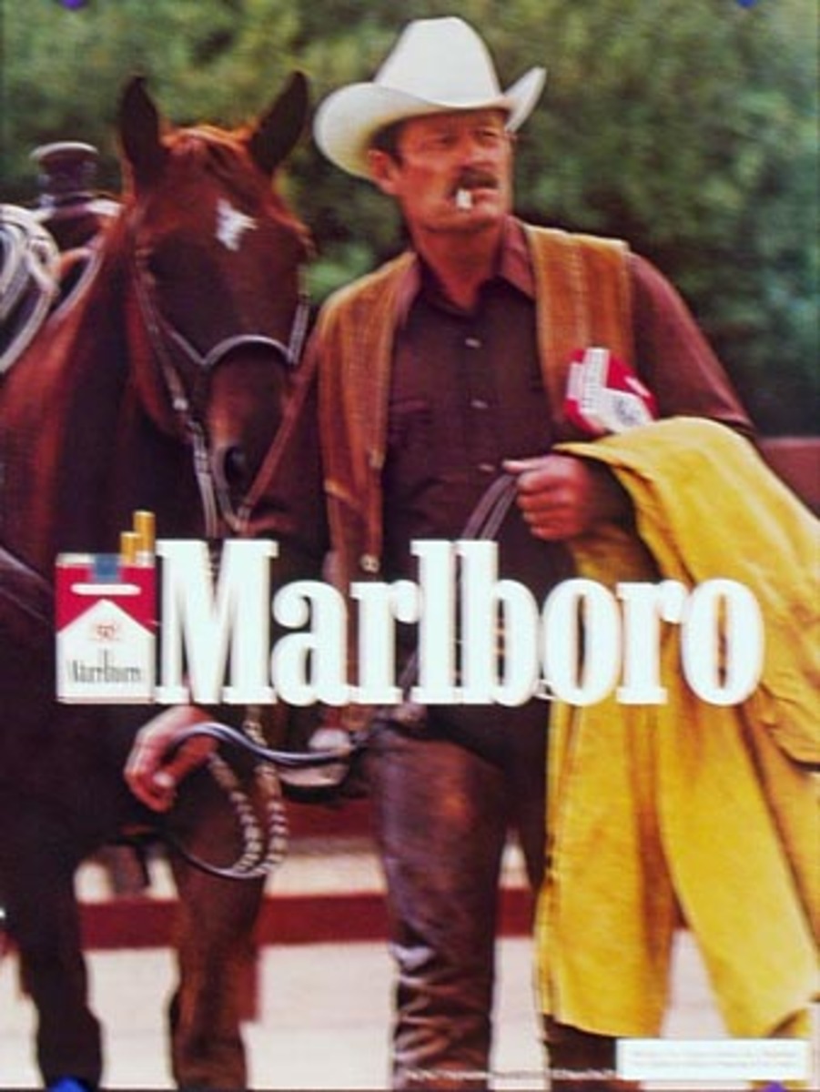 Marlboro Cigarette Cowboy Original Vintage Advertising Poster yellow slicker over arm
