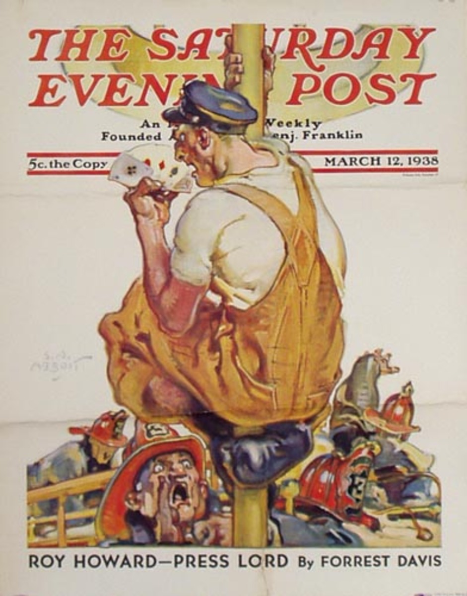 Saturday Evening Poster March 12 1938 Original Advertising Poster Fireman