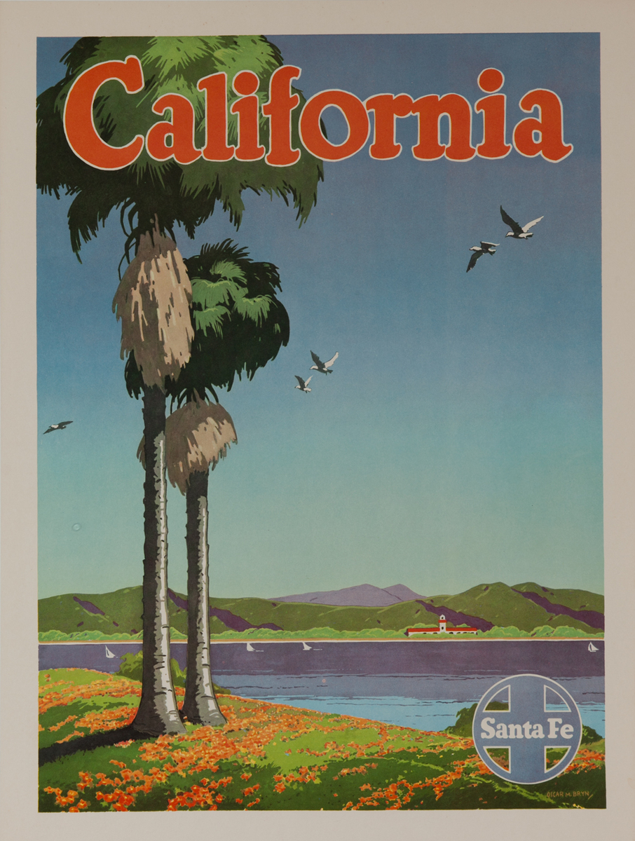 Santa Fe Original Railroad Travel Poster California Palm Tree