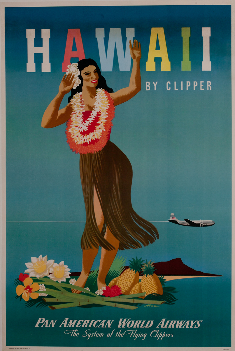 Hawaii By Clipper, Original Pan Am Travel Poster Hula Dancer Lei