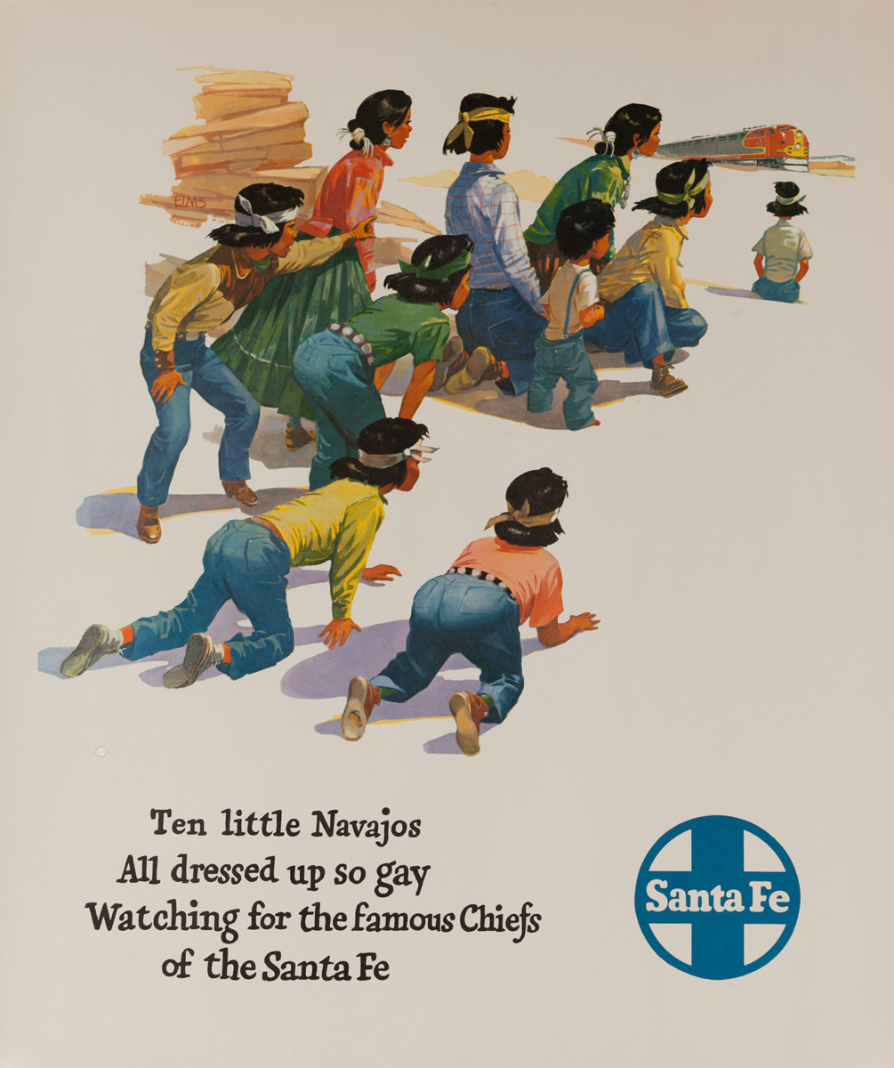 Santa Fe Railway Original Travel Poster,Ten Little Navajos, All dressed up so gay, Watching the Famous Chiefs, of the Santa Fe