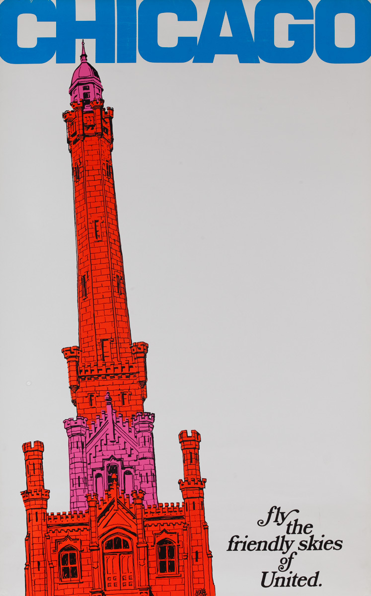 Chicago Fly the Friendly Skies of United, Original United Airlines Travel Poster water tower