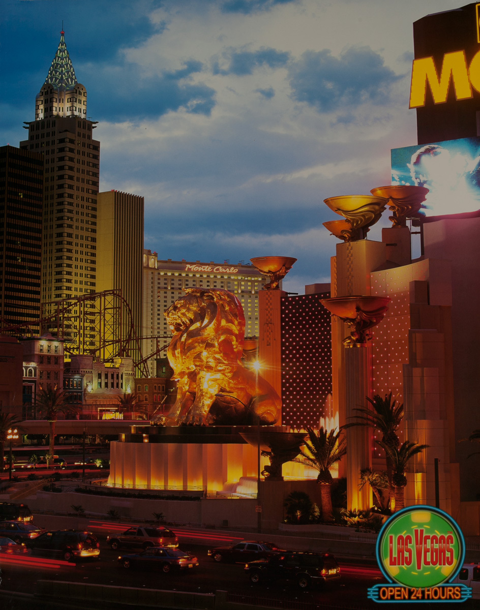 Las Vegas Open 24 Hours, Original American Travel Poster, MGM Lion