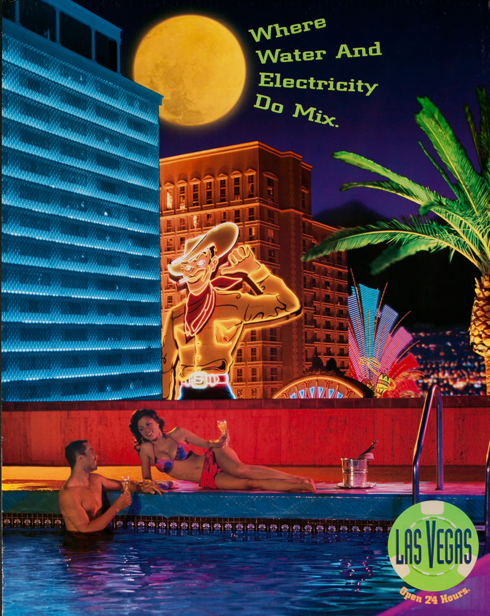 Las Vegas Open 24 Hours, Original American Travel Poster, Where Water and Electricity Do Mix