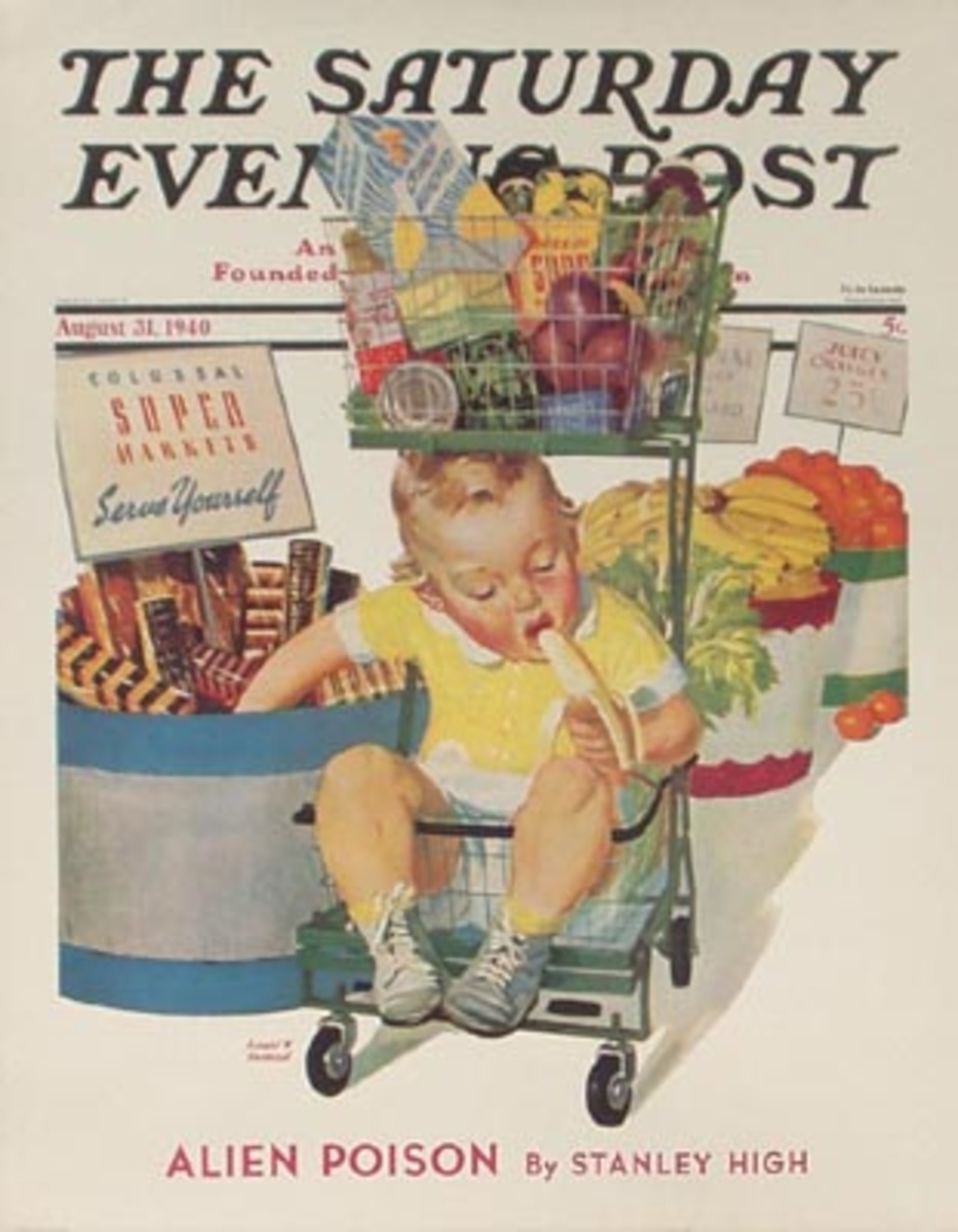 Saturday Evening Post April 31, 1940 Original Vintage Magazine Poster Super Market, kid in cart