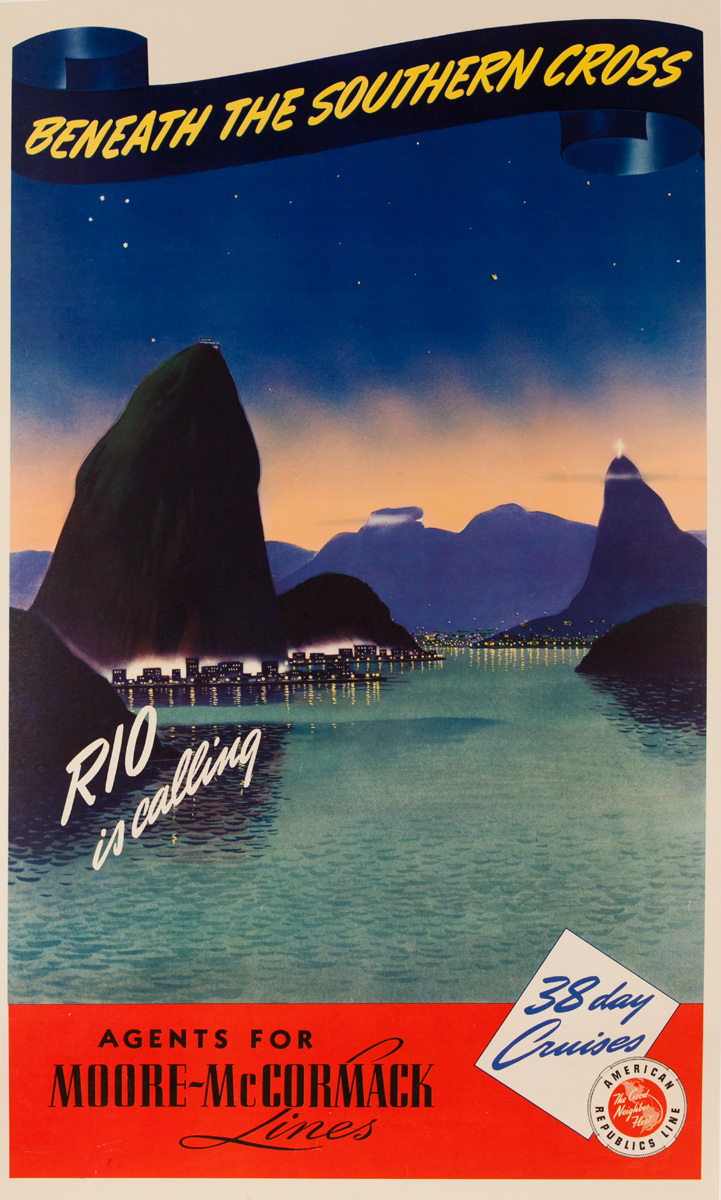 Beneath the Southern Cross, Original Moore-McCormack Lines Cruise Ship Poster Rio Is Calling