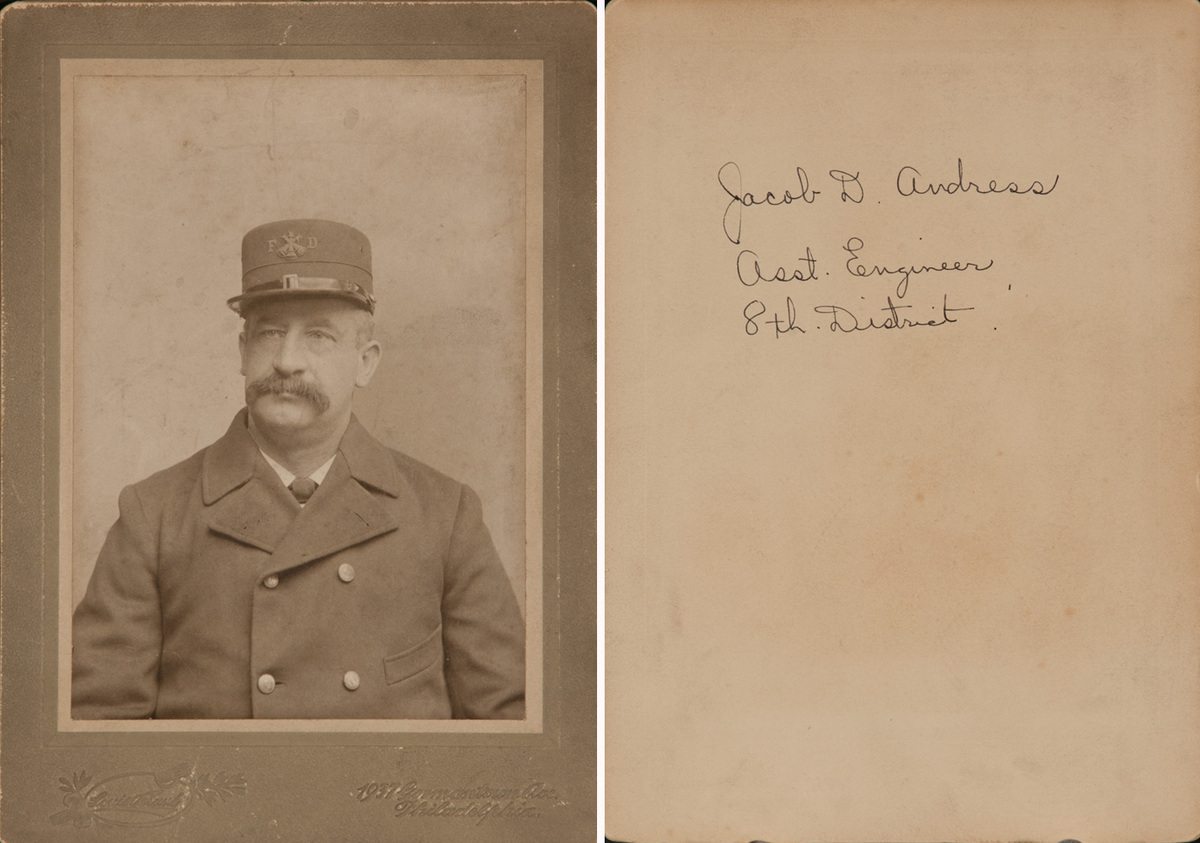 Original Philadelphia Fireman Cabinet Card, Identified Jacob D Andress, Asst Engineer, 8th District