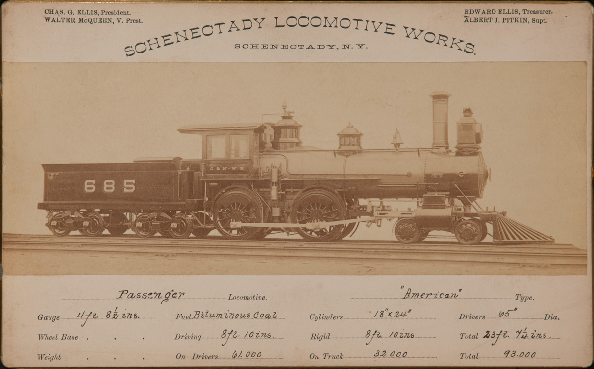 Schenectady Locomotive Works Original 19th Century Railroad Specification Card Photo, Passenger Locomotive American Type, Number 685 