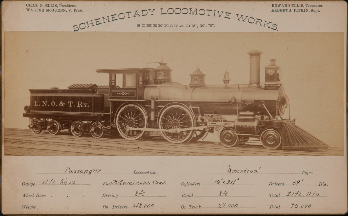 Schenectady Locomotive Works Original 19th Century Railroad Specification Card Photo, Passenger Locomotive American Type, LNO & T Railway