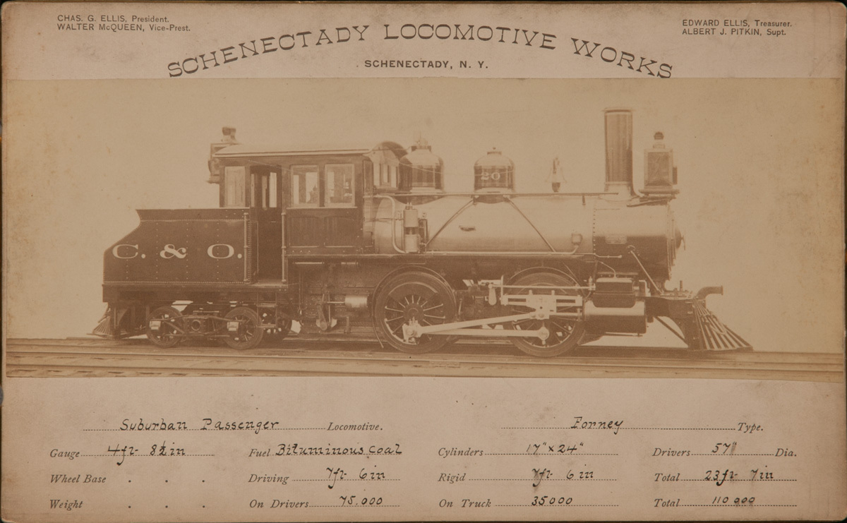 Schenectady Locomotive Works Original 19th Century Railroad Specification Card Photo, Suburban Passenger Engine Forney Type  