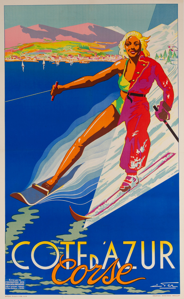 Corse, Cote d'Azur Original French Travel Poster, Winter Summer Snow Water Skier