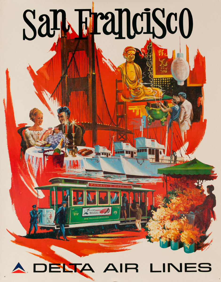 Delta Air lines Original Travel Poster San Francisco Icons 