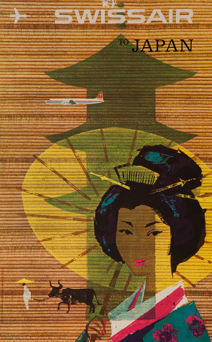 Swissair Original Travel Poster Card, Japan Geisha