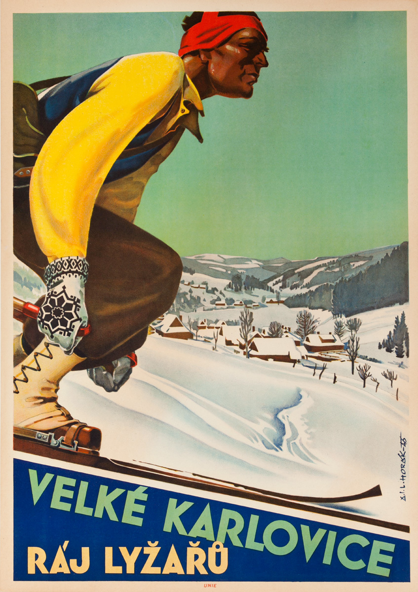 Karlovice a Paradise for Skiers Original Czech Ski Poster