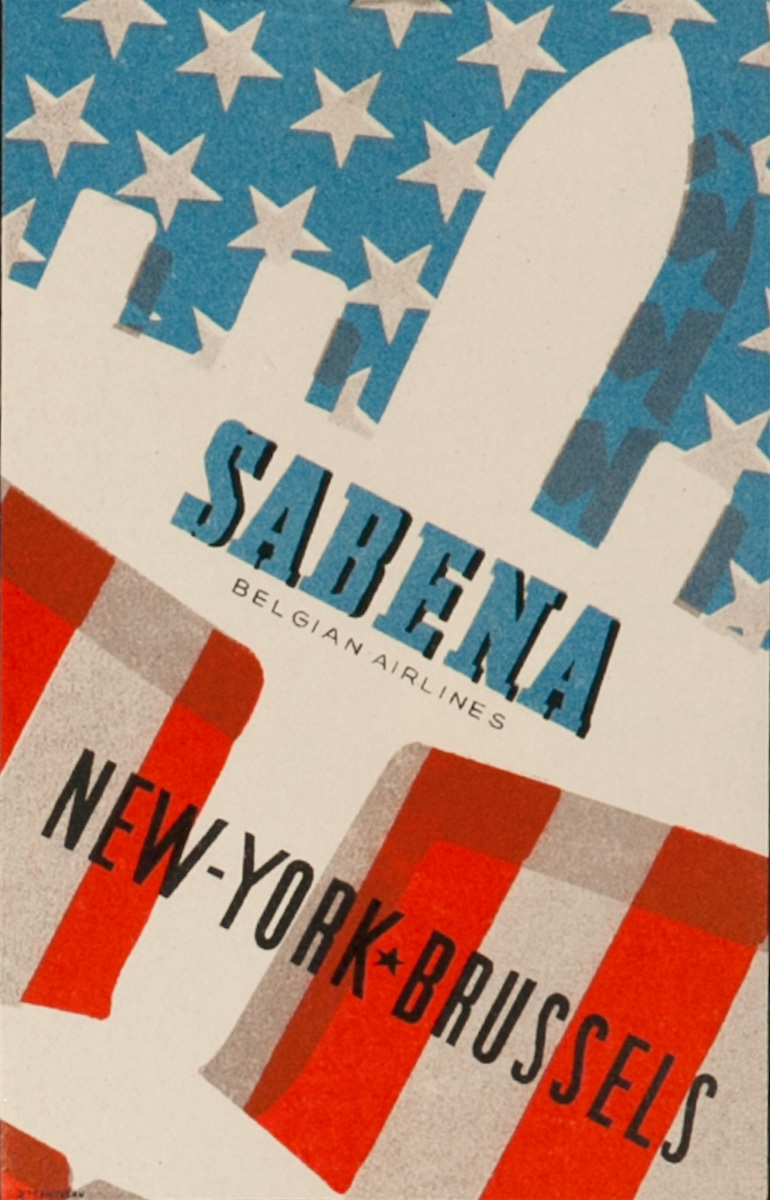 Sabena Belgian Airlines New York Brussels, Original Luggage Label American Flag